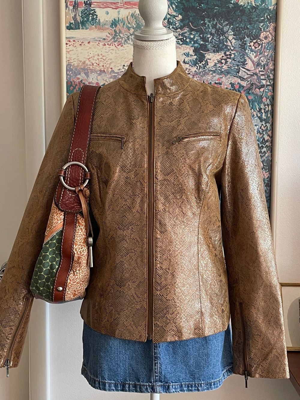 Vakko Genuine Leather Jacket Womens Medium Brown Snakeskin Moto Biker Grunge Y2K